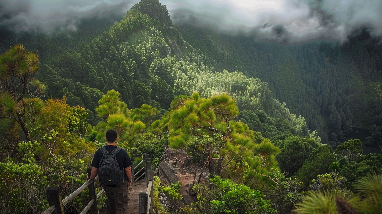 hombre vestido de negro con una mochila pasea por las escaleras en el monte de los tilos en la isla de la palma haciendo el sendero de la ruta de marcos y cordero